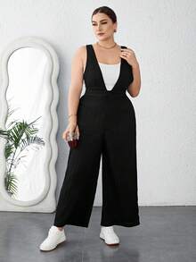 SHEIN Essnce Của phụ nữ Kích thước lớn Đen Xếp li Áo liền quần - màu đen - Xem 3