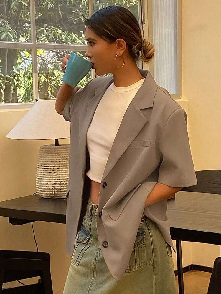 Solid Color Loose Short Sleeve Notched Collar Pocket Wide Strap Blazer Jacket Summer Business Attire