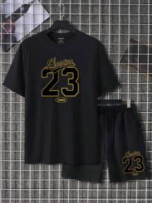 Manfinity LEGND Men's Casual Letter Printed Short Sleeve T-Shirt And Shorts Set - Black - View 4