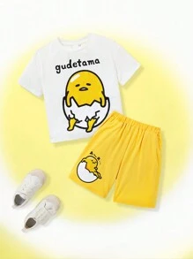 Gudetama X SHEIN 男童卡通＆字母圖形套裝 - 白色 - 查看 1