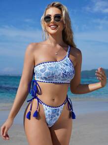SHEIN Swim Conjunto de bikini con un hombro con estampado de paisley para mujer, traje de baño de verano