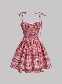 SHEIN MOD 女裝拼接蕾絲格子背心連衣裙 - 紅白色 - 查看 2