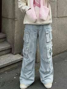 ROMWE MEN Street Life Men's Loose Wide Leg Cargo Baggy Jeans With Multiple Pockets - Blue - View 1