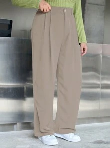 Dazy Plus Plus Size Solid Color Pleated Loose Straight-Leg Trousers