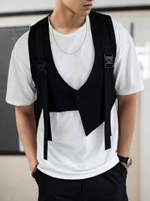 Claim Dot 1 件男士推扣带纯色装饰短款工装背心夹克，适合丈夫，秋季