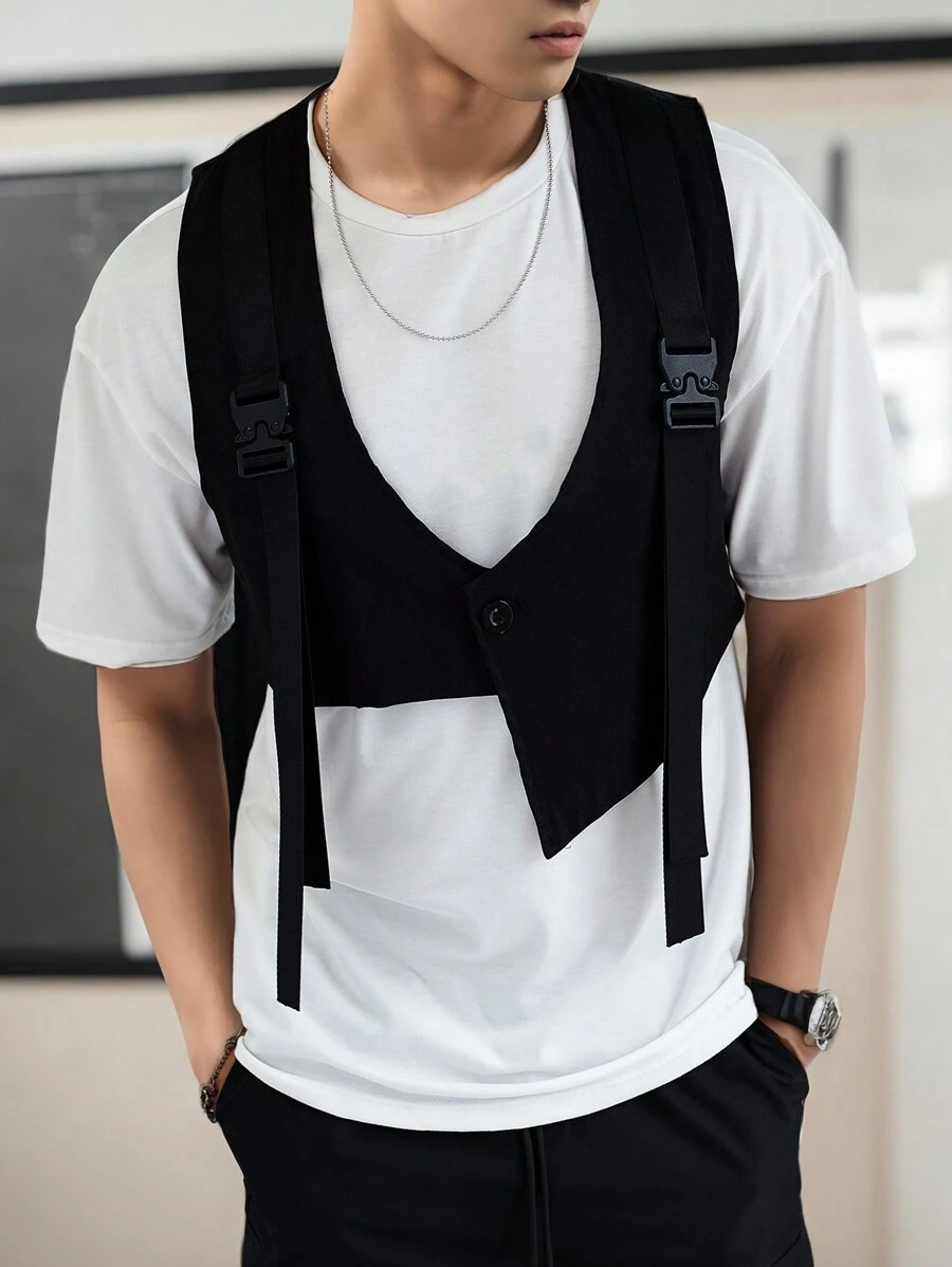 Claim Dot 1 件男士推扣带纯色装饰短款工装背心夹克，适合丈夫，秋季