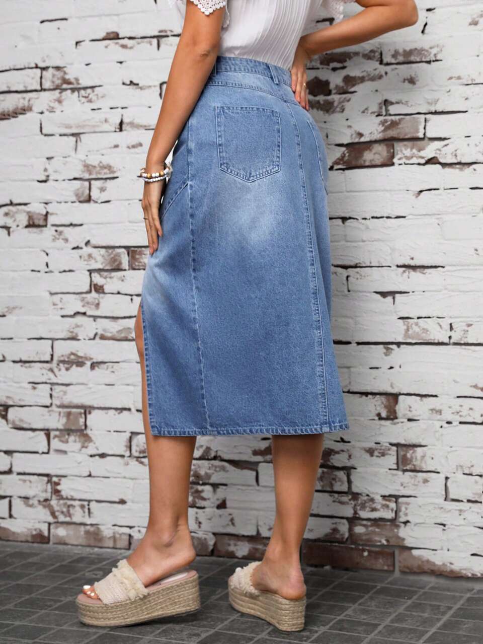 Asymmetric Hem Denim Skirt With Side Slit