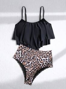 Swim Lushoire 2 pezzi Costume da bagno tankini per donne, con top a volant e parte inferiore con stampa leopardata in vita alta, set di bikini con spalline sottili