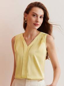 MOTF PREMIUM SILK V-NECK FOLD PLEATED SHOULDER SLEEVELESS BLOUSE