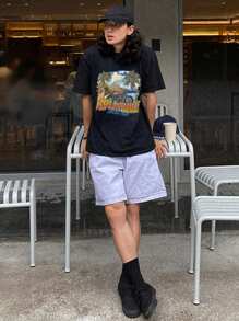 DAZY Men's Summer Tee With Seaside & Letter Print - Black - View 6