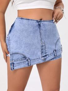 SHEIN ICON Kích thước lớn Của phụ nữ Viền bất đối xứng Denim Skorts - Rửa nhẹ - Xem 5