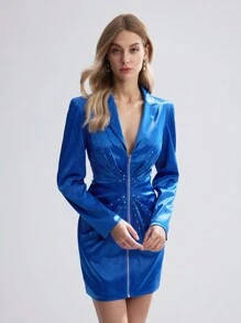 BizChic Women's Solid Color Zipper Blazer Jacket - Blue - View 4
