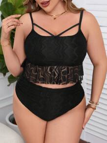 SHEIN Swim Curve 大碼蕾絲拼接空心比基尼套裝,沙灘裝泳裝音樂節夏季 - 黑色 - 查看 1