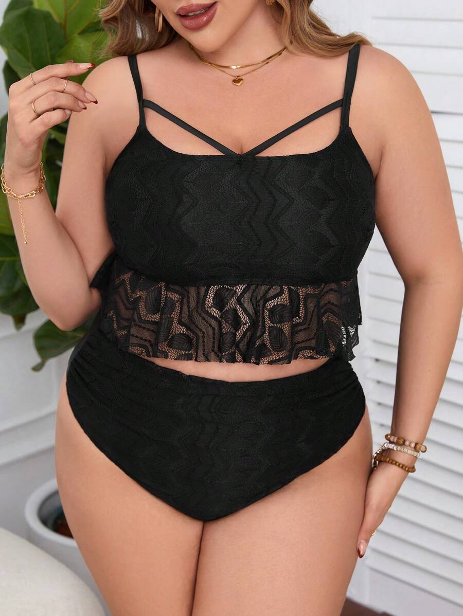 SHEIN Swim Curve 大碼蕾絲拼接空心比基尼套裝,沙灘裝泳裝音樂節夏季 - 黑色 - 查看 1