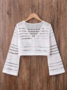 SHEIN Vintaside Kids Maglione A Maglia Per Ragazza Con Camicia A Fiori 3d, Decorato A Maglia Traforato - Bianco - Visualizzare 2