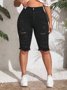SHEIN Clasi Plus Storlek Kvinnors Slitna Fransar Denimshorts - Svart - Visa 1