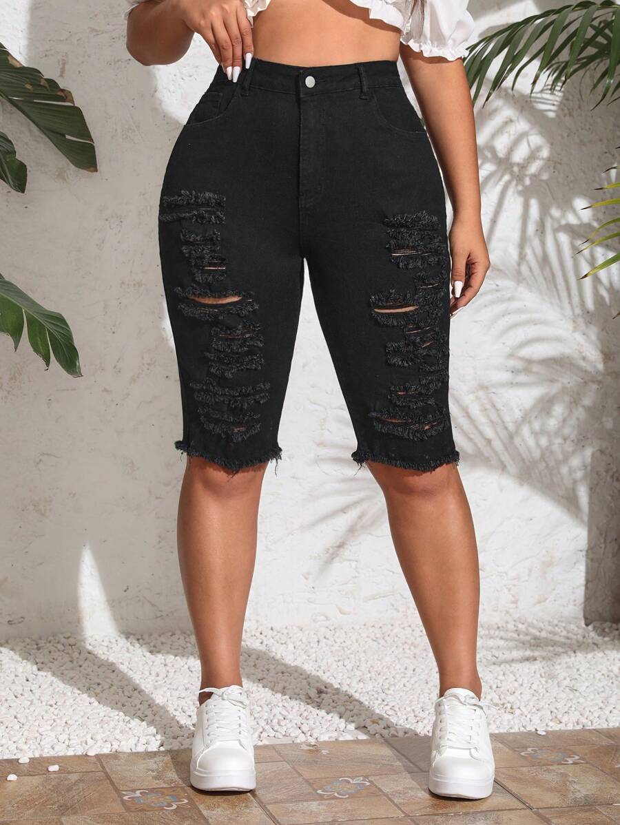 SHEIN Clasi Plus Storlek Kvinnors Slitna Fransar Denimshorts - Svart - Visa 1