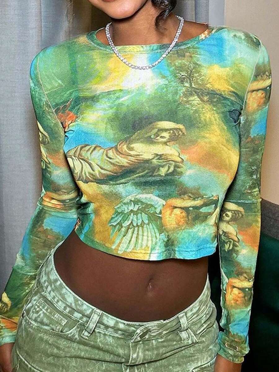 VaVaBold Vòng cổ Đầy màu sắc In Tay áo dài Áo thun - màu xanh lá - Xem 1