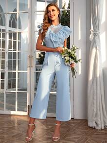 Simplee Ladies' Solid Color Lace Spliced Jumpsuit With Ruffle Hem - Blue - View 4