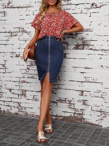 SHEIN LUNE Front Zipper Slim Fit Denim Skirt - Blue - View 5