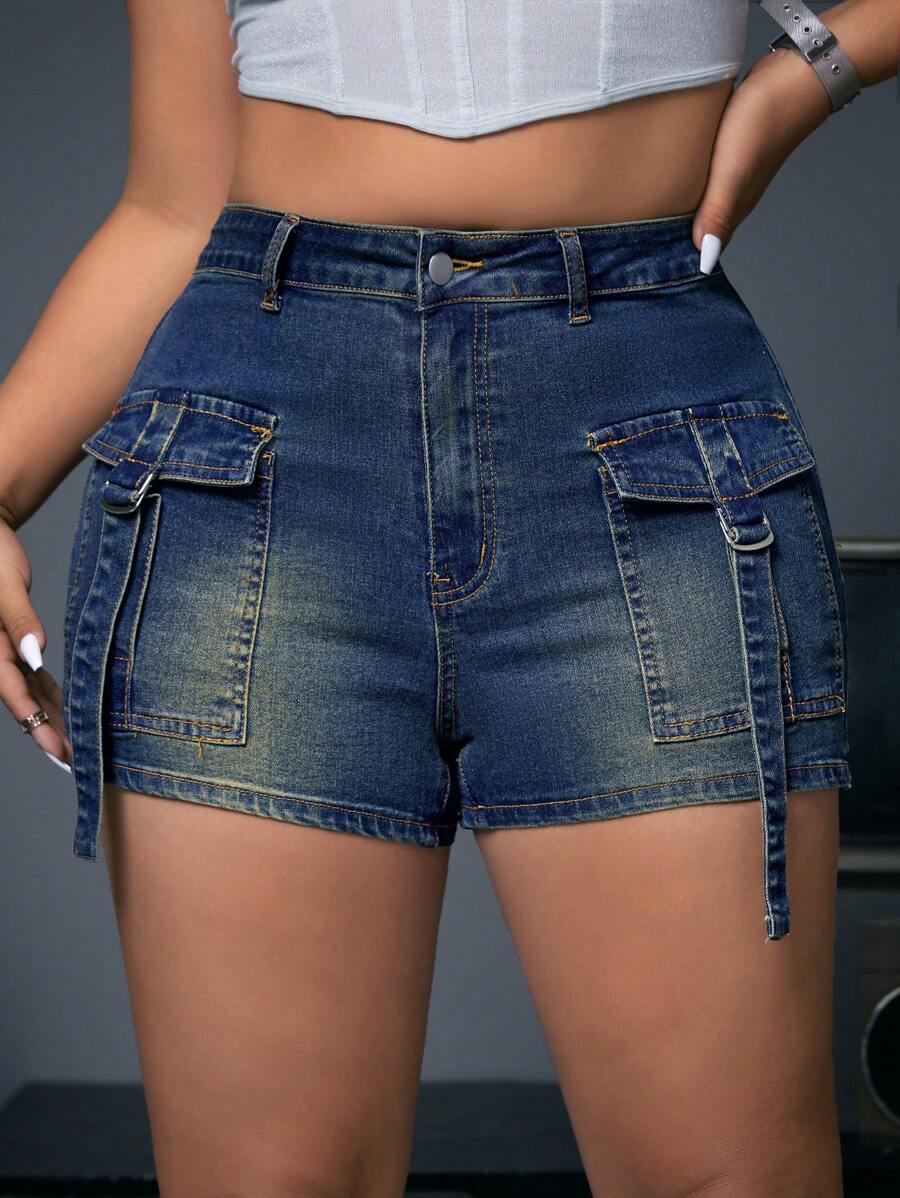 SHEIN ICON Plus Size Women's Workwear Style Denim Shorts With Pockets - Blue - View 1