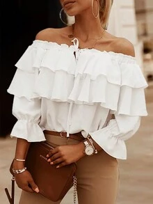 Blusa con hombros descubiertos y volantes, estilo hawaiano bohemio para vacaciones en la playa, unicolor para conciertos en el campo - Blanco - Ver 9