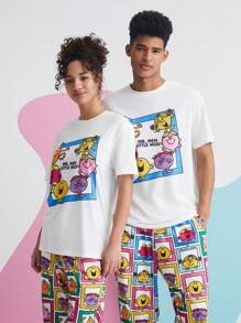Mr Men Little Miss X SHEIN Unisex 1pc Cartoon And Letter Graphic Tee - White - View 1