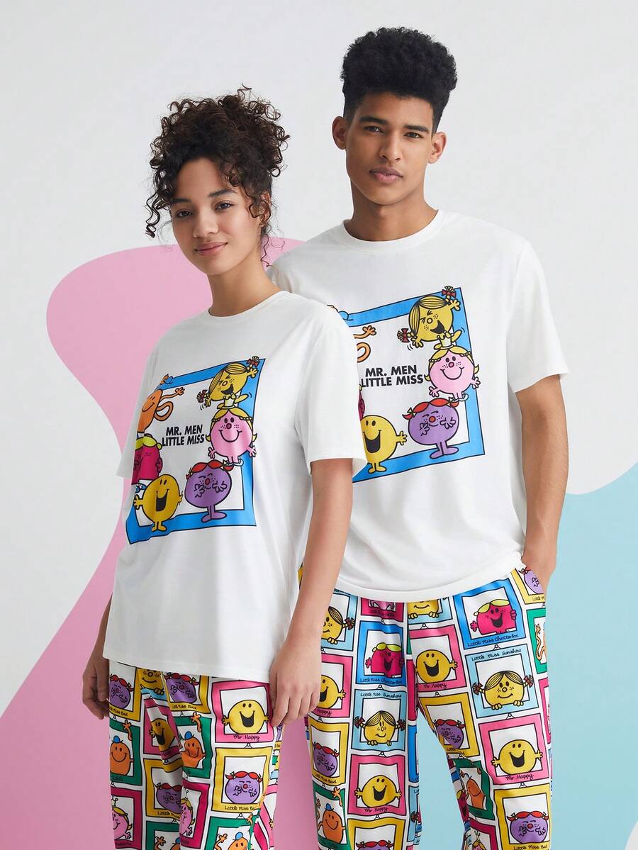 Mr Men Little Miss X SHEIN Unisex 1pc Cartoon And Letter Graphic Tee - White - View 1