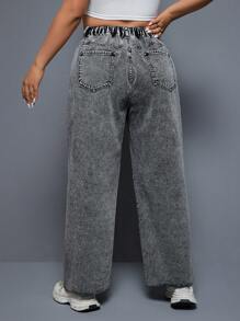 SHEIN ICON Plus Size Women's Asymmetric Waist Washed Straight Leg Boyfriend Jeans - Grey - View 2