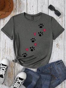INAWLY Women's Cartoon Paw Print Printed Short Sleeve T-Shirt Graphic Tees Women Tops - Dark Grey - View 1