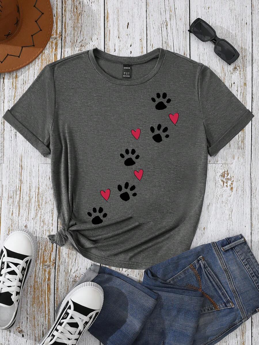 INAWLY Women's Cartoon Paw Print Printed Short Sleeve T-Shirt Graphic Tees Women Tops - Dark Grey - View 1