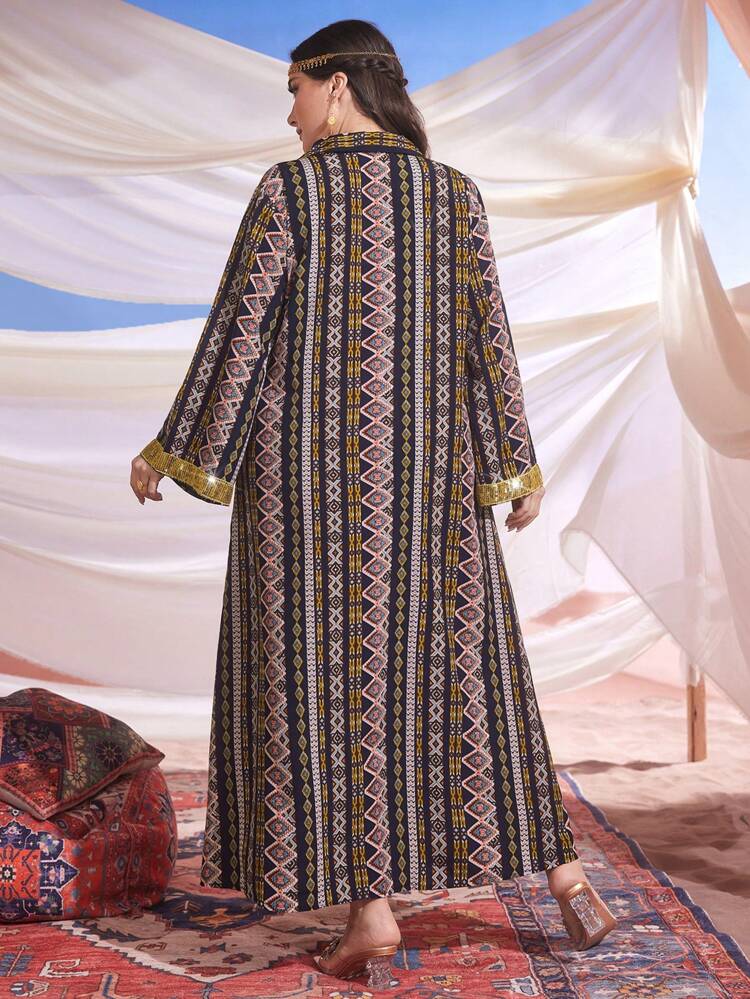 Plus Size Women's Geometric Pattern Sparkly Sequin Patchwork Arabic Style Pocket Dress With Collar Kaftan Jalabiya Dress