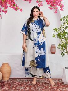 Mulvari Plus Size Women's Floral Printed Short Sleeve Top And Pants Set With Single-Breasted Closure - Multicolor - View 4