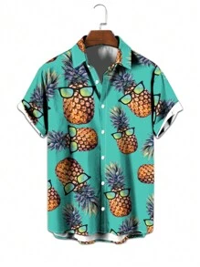 Manfinity Dauomo Men's Pineapple Printed Short Sleeve Shirt - Black - View 3