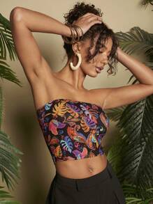 Travachic Vacation Paisley Tropical Print Slim Fit Strapless Cropped Top - Black - View 4