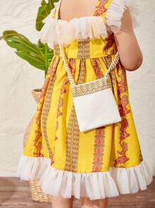 SHEIN Baby Mädchen Schönes Urlaub Paisley Muster Splicing Netz Rüsche Hemd Kleid Mit Crossbody Taschenset - Gelb - Übersicht 6