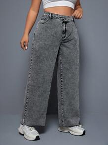 SHEIN ICON Plus Size Women's Asymmetric Waist Washed Straight Leg Boyfriend Jeans - Grey - View 5