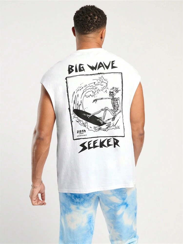 F21 Forever 21 X Men's Spring And Summer Casual Vacation Tank Top Back Skull Surf Print White Tank Top