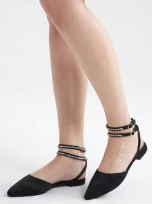 Ladies' Comfortable Pointed Toe Flat Shoes With Rhinestone Strap - Black - View 3