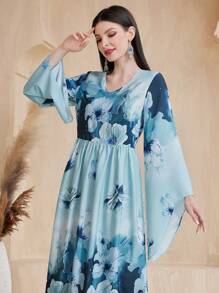 Al Najma Floral Printed Round Neck Bell Sleeve Kaftan - Blue - View 5