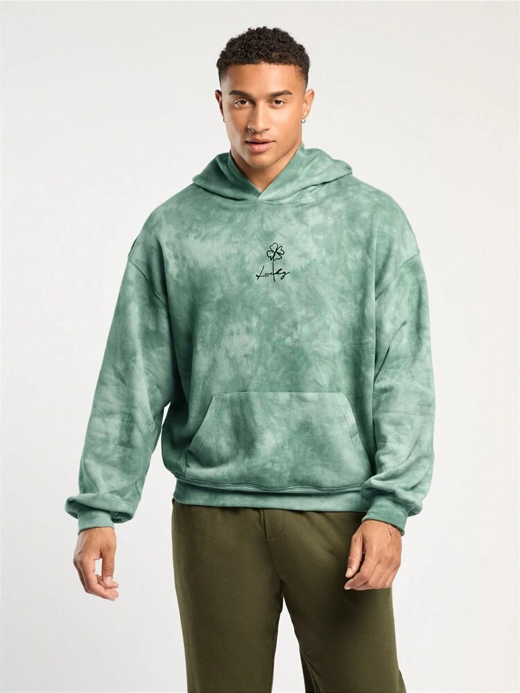 Men's Spring And Summer Casual Super Loose Off-Shoulder Green Tie-Dye Clover Print Hoodies