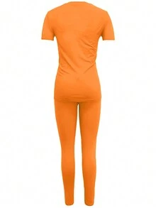 Solid Color Casual Short Sleeve Top And Skinny Pants Set - Orange - View 2