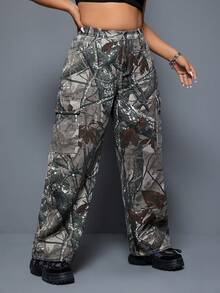 SHEIN ICON 大尺碼樹紋印花工裝牛仔褲 - 彩色 - 查看 5