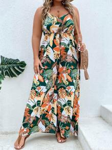 SHEIN Unity Plus Tropical Print Cami Wide Leg Jumpsuit For Summer - Multicolor - View 4