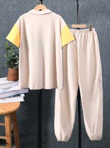 Teen Boys' Summer Short Sleeve Color Block Polo Shirt With Turn-Down Collar And Utility Pants Two-Piece Set - Multicolor - View 2