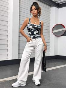 SHEIN EZwear Áo tank top không tay cổ tròn in họa tiết camo - Nhiều màu - Xem 4