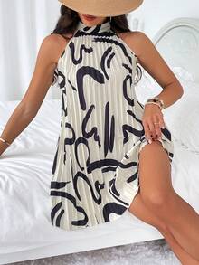 SHEIN Clasi Random Print Pleated Halterneck Dress - Apricot - View 4
