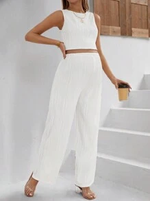 SHEIN 孕婦純色可調式腰背心和褲子 2 件套 - 白色 - 查看 4