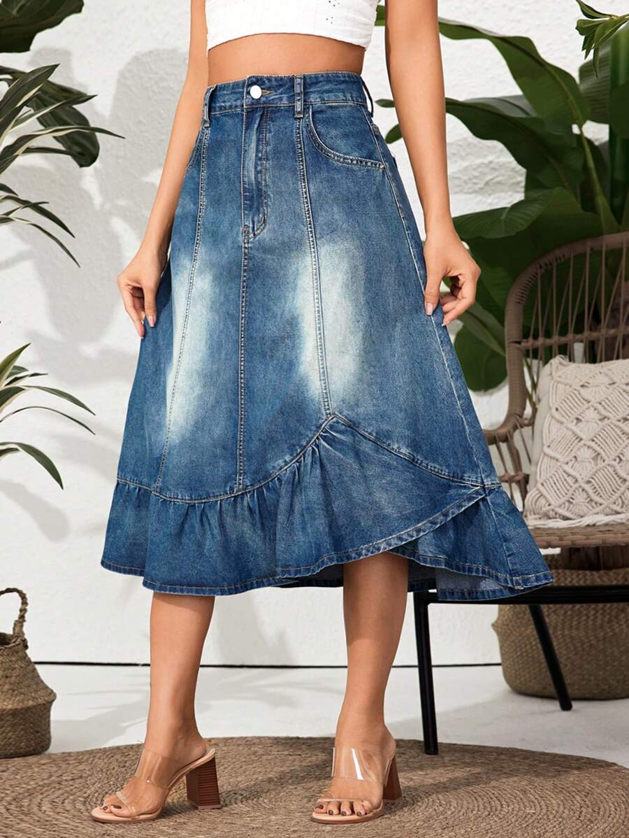 Breezaya Women's Asymmetrical Hem Stonewashed Denim Skirt - Medium Wash - View 1