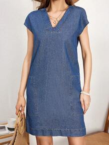 EMERY ROSE Vestido Corto De Mezclilla Para Mujer Con Manga Murciélago - Azul - Ver 3